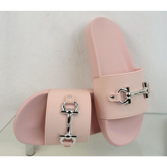 NIB FERRAGAMO GROOVY 11 PINK RUBBER SILVER GANCINI BIT LOGO SANDALS SLIDES 11 M - Picture 5 of 13